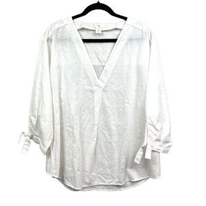 H&M Tunic Blouse Top Stripe Linen Blend Boho V Neck 3/4 Tie Sleeve White Women M